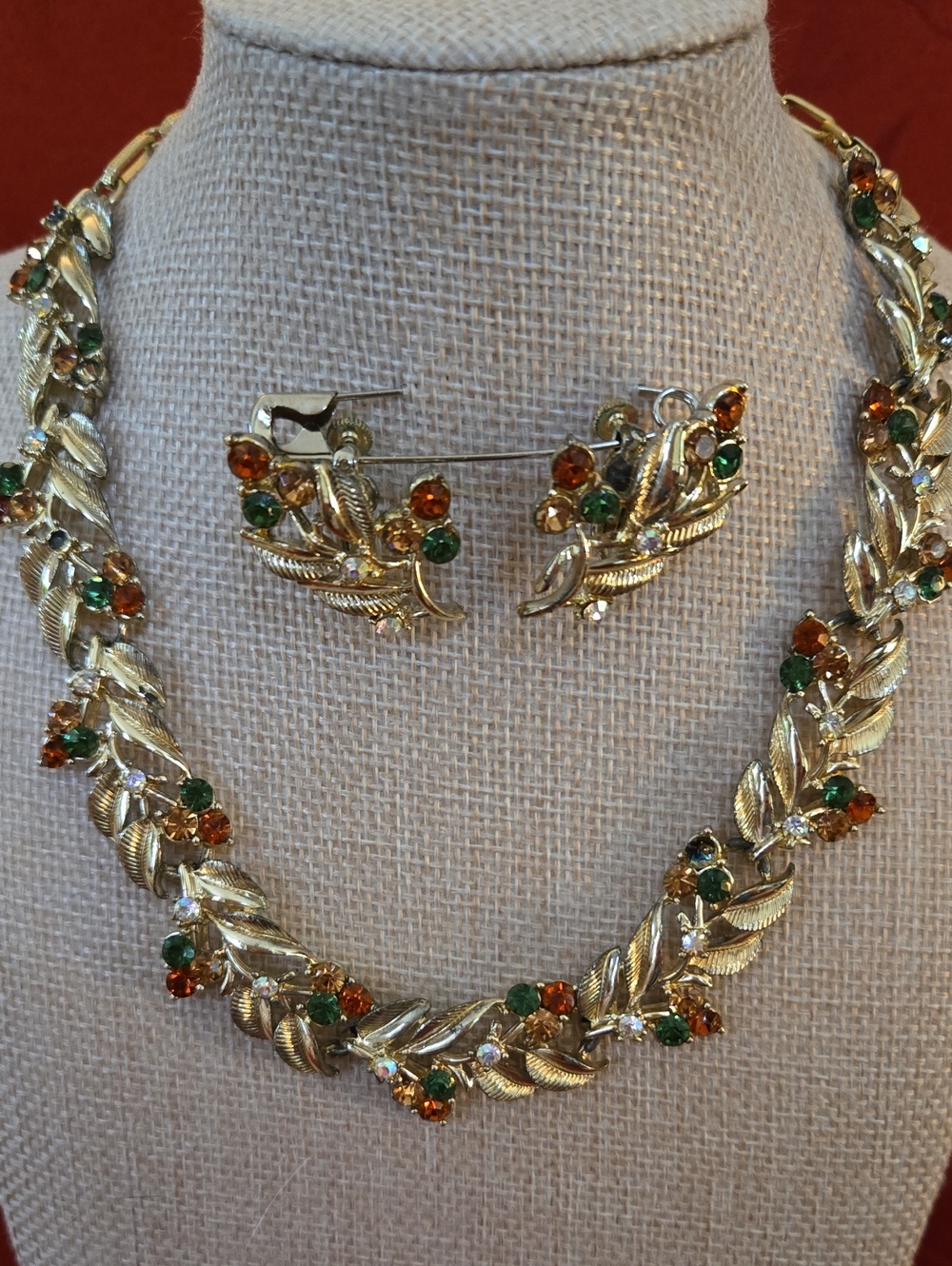 Coro Gold-Tone Leaf Necklace & Clip-on Earrings Set with Green and Amber Stones